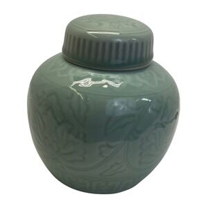 Antique Celadon Green Floral Ginger Jar Ceramic Asian Style Lidded Vase 5.5in